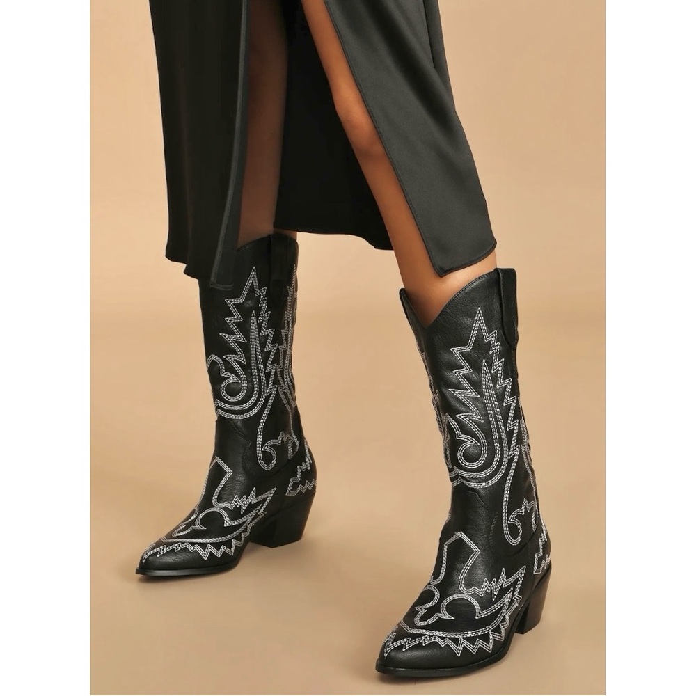 Billini Utica Black & White Embroidered Pointed Toe Mid Calf Cowboy Boots sz 6